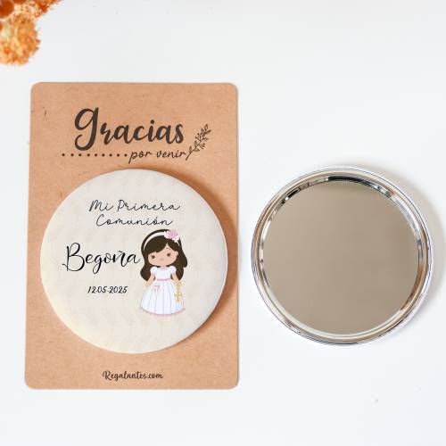 Espejo personalizado chapa "Beige niña" Detalles comunión - Chapas Espejos Personalizados Comunión