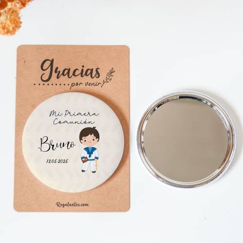 Espejo personalizado chapa "Beige niño" Detalles comunión - Chapas Espejos Personalizados Comunión