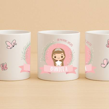 Taza personalizada comunión niña con mariposas - Detalles Personalizados