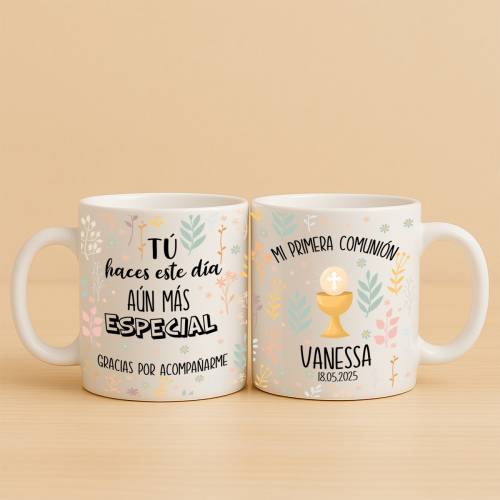 Taza personalizada comunión niña con flores - Detalles personalizables para Comunión