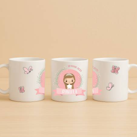 Taza personalizada comunión niña con mariposas - Detalles personalizables para Comunión
