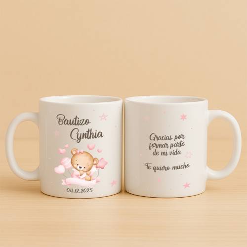 Taza personalizada bautizo niña "Osito" - Detalles personalizables para Bautizo