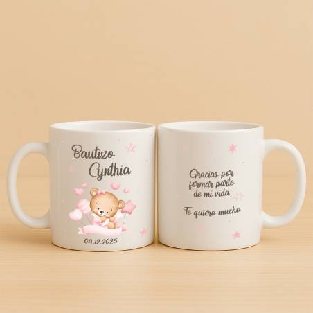 Taza personalizada bautizo niña "Osito" - Detalles personalizables para Bautizo