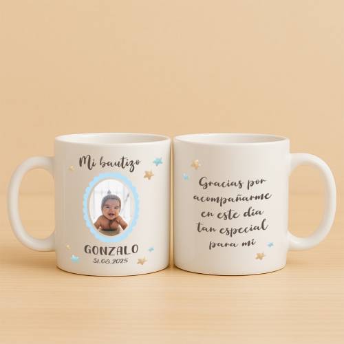 Taza personalizada con foto bautizo niño - Detalles personalizables para Bautizo