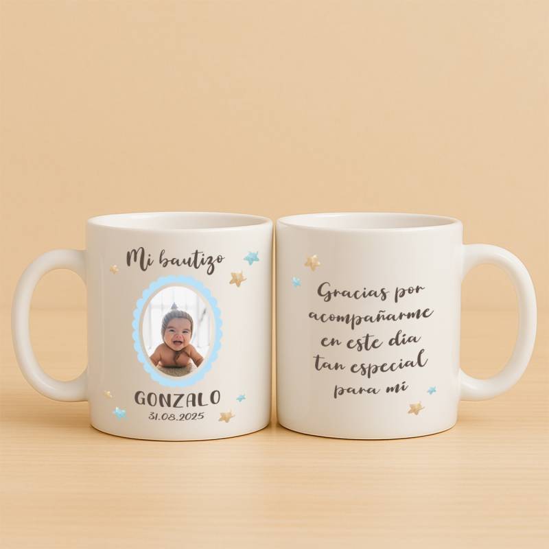 Taza personalizada con foto bautizo niño - Detalles personalizables para Bautizo