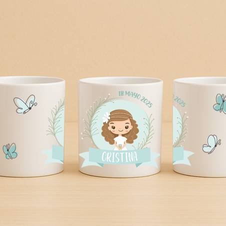 Taza personalizada comunión niña con Mariposas azules - Tazas personalizadas comunión