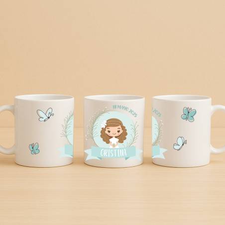 Taza personalizada comunión niña con Mariposas azules - Tazas personalizadas comunión