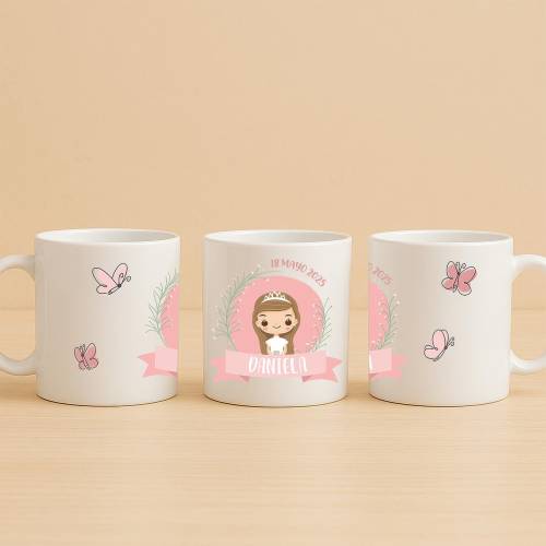 Taza personalizada comunión niña con mariposas rosas - Tazas personalizadas comunión