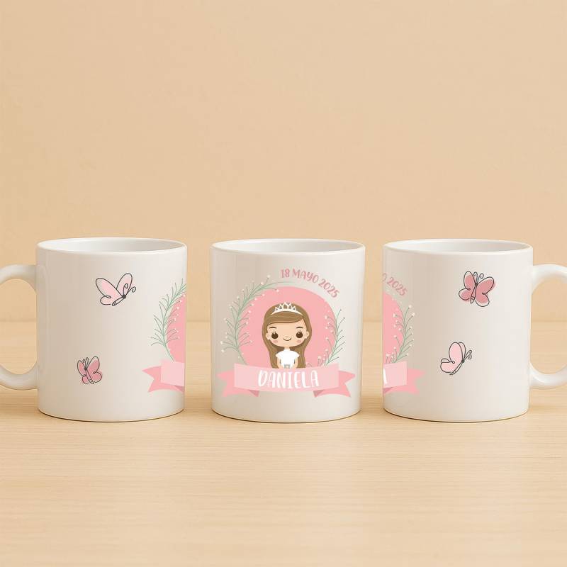 Taza personalizada comunión niña con mariposas rosas - Tazas personalizadas comunión