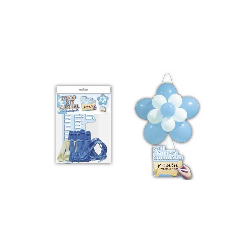 Kit Globos Flor y Cartel Personalizable Azul - Decoración De Comunión