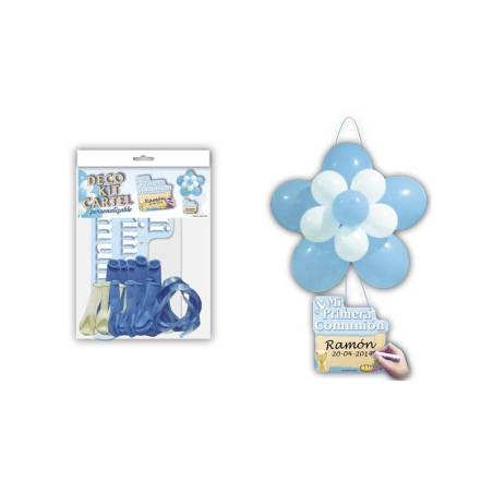 Kit Globos Flor y Cartel Personalizable Azul - Decoración De Comunión