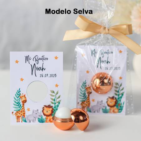 Bálsamo personalizado con tarjeta "Modelo Selva" Detalles de bautizo - Bálsamos Labiales Personalizados Bautizo