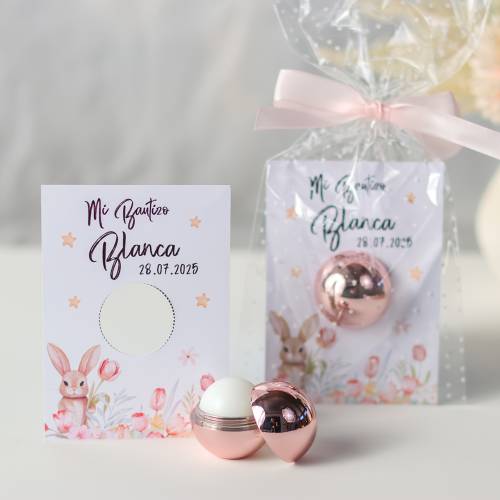 Bálsamo labial personalizado con tarjeta para bautizo "Modelo Conejito" - Bálsamos Labiales Personalizados Bautizo