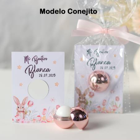 Bálsamo labial personalizado con tarjeta para bautizo "Modelo Conejito" - Bálsamos Labiales Personalizados Bautizo