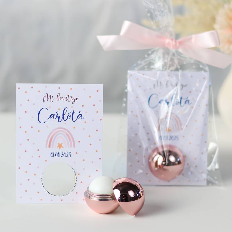 Bálsamo labial personalizado con tarjeta para bautizo "Modelo Arcoiris" - Bálsamos Labiales Personalizados Bautizo