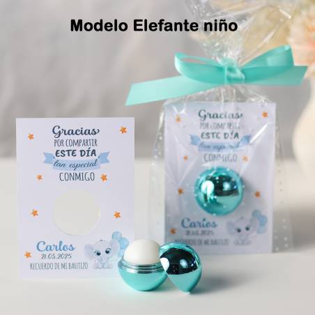 Bálsamo labial personalizado con tarjeta para bautizo "Modelo Elefante niño" - Bálsamos Labiales Personalizados Bautizo