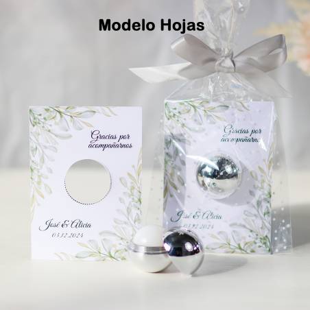 Bálsamo labial personalizado con tarjeta para boda "Modelo Hojas" - Bálsamos Labiales Personalizados Boda
