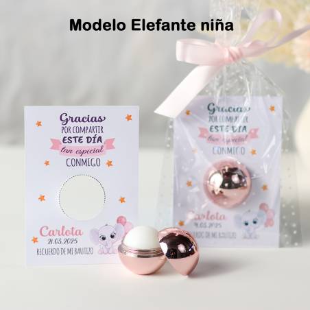 Bálsamo labial personalizado con tarjeta para bautizo "Modelo Elefante niña" - Bálsamos Labiales Personalizados Bautizo