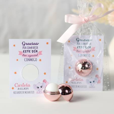 Bálsamo labial personalizado con tarjeta para bautizo "Modelo Elefante niña" - Bálsamos Labiales Personalizados Bautizo