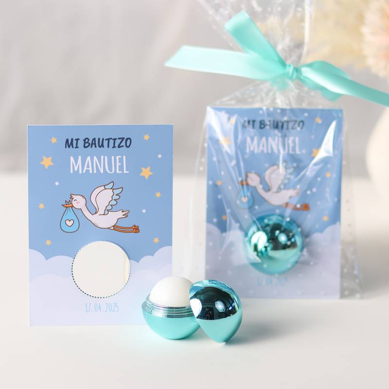 Bálsamo labial personalizado con tarjeta para bautizo "Modelo Cigüeña niño" - Bálsamos Labiales Personalizados Bautizo