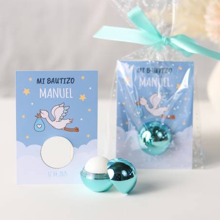 Bálsamo labial personalizado con tarjeta para bautizo "Modelo Cigüeña niño" - Bálsamos Labiales Personalizados Bautizo