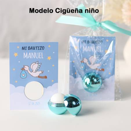 Bálsamo labial personalizado con tarjeta para bautizo "Modelo Cigüeña niño" - Bálsamos Labiales Personalizados Bautizo