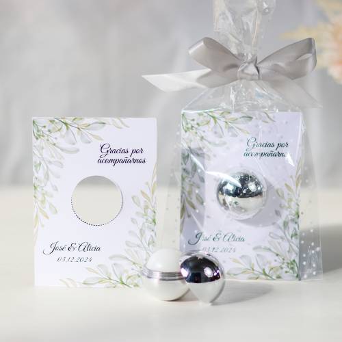 Bálsamo labial personalizado con tarjeta para boda "Modelo Hojas" - Bálsamos Labiales Personalizados Boda