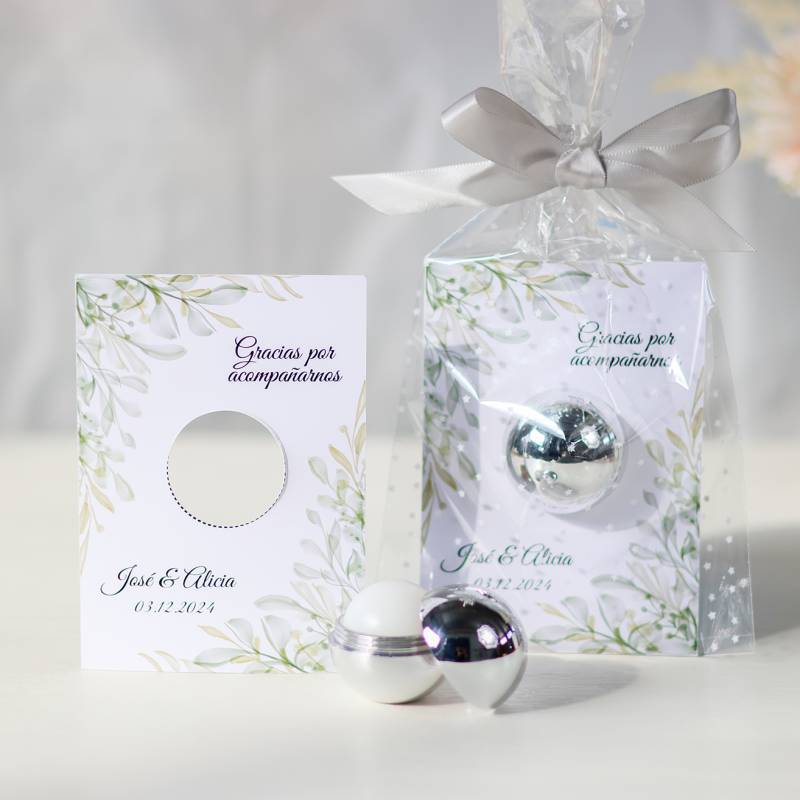 Bálsamo labial personalizado con tarjeta para boda "Modelo Hojas" - Bálsamos Labiales Personalizados Boda