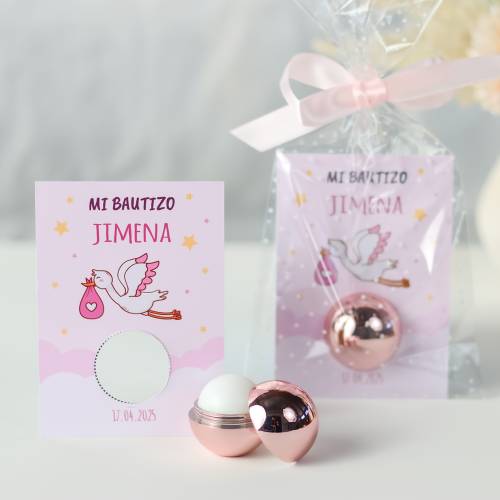 Bálsamo labial personalizado con tarjeta para bautizo "Modelo Cigüeña niña" - Bálsamos Labiales Personalizados Bautizo