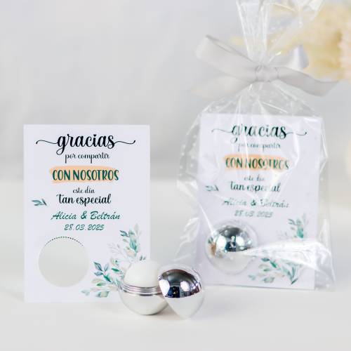 Bálsamo labial personalizado con tarjeta para boda "Modelo Especial" - Bálsamos Labiales Personalizados Boda