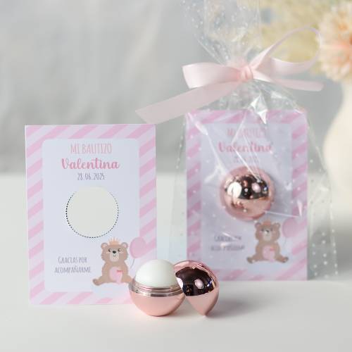 Bálsamo labial personalizado con tarjeta para bautizo "Osito niña" - Bálsamos Labiales Personalizados Bautizo