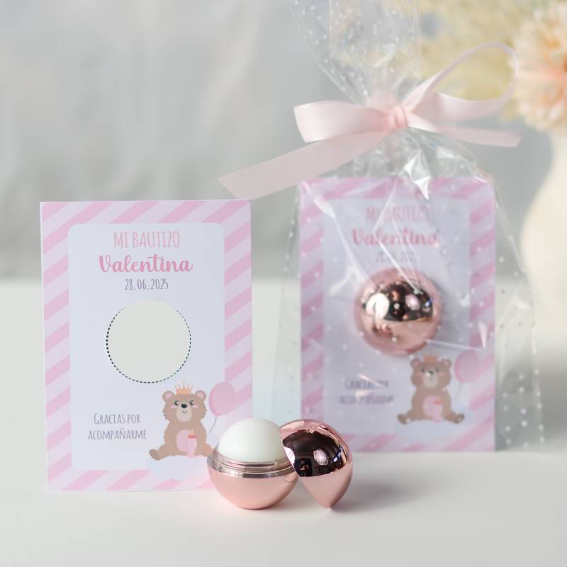 Bálsamo labial personalizado con tarjeta para bautizo "Osito niña" - Bálsamos Labiales Personalizados Bautizo