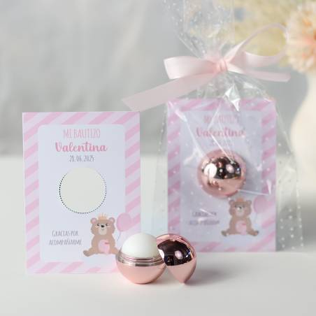 Bálsamo labial personalizado con tarjeta para bautizo "Osito niña" - Bálsamos Labiales Personalizados Bautizo