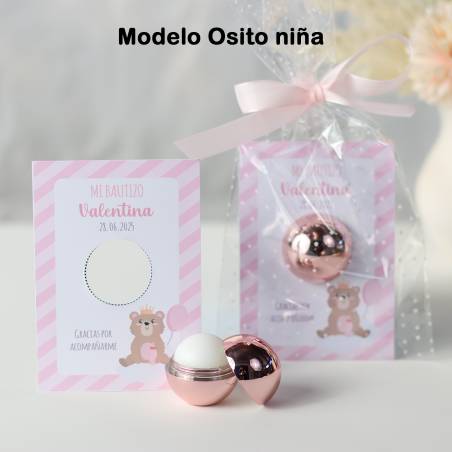Bálsamo labial personalizado con tarjeta para bautizo "Osito niña" - Bálsamos Labiales Personalizados Bautizo