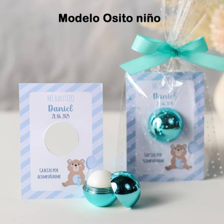 Bálsamo labial personalizado con tarjeta para bautizo "Osito niño" - Bálsamos Labiales Personalizados Bautizo