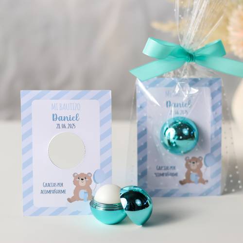 Bálsamo labial personalizado con tarjeta para bautizo "Osito niño" - Bálsamos Labiales Personalizados Bautizo
