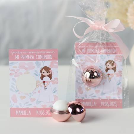Bálsamo labial personalizado con tarjeta para comunión "Modelo Flores" - Bálsamos Labiales Personalizados Comunión