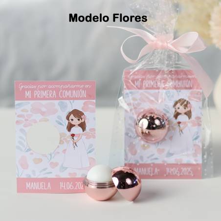 Bálsamo labial personalizado con tarjeta para comunión "Modelo Flores" - Bálsamos Labiales Personalizados Comunión