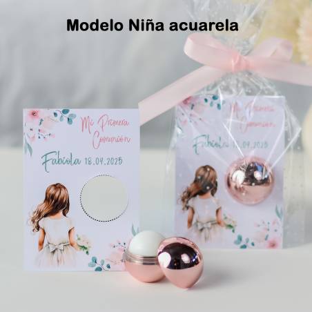 Bálsamo labial personalizado con tarjeta para comunión "Modelo Acuarela niña" - Bálsamos Labiales Personalizados Comunión