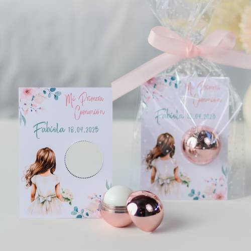 Bálsamo labial personalizado con tarjeta para comunión "Modelo Acuarela niña" - Bálsamos Labiales Personalizados Comunión