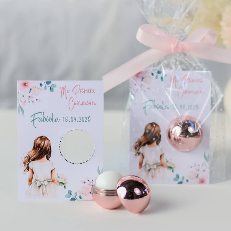 Bálsamo labial personalizado con tarjeta para comunión "Modelo Acuarela niña" - Bálsamos Labiales Personalizados Comunión