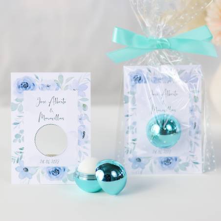 Bálsamo labial personalizado con tarjeta para boda "Modelo Azul " - Bálsamos Labiales Personalizados Boda