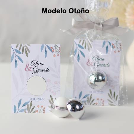 Bálsamo labial personalizado con tarjeta para boda "Modelo Otoño" - Bálsamos Labiales Personalizados Boda