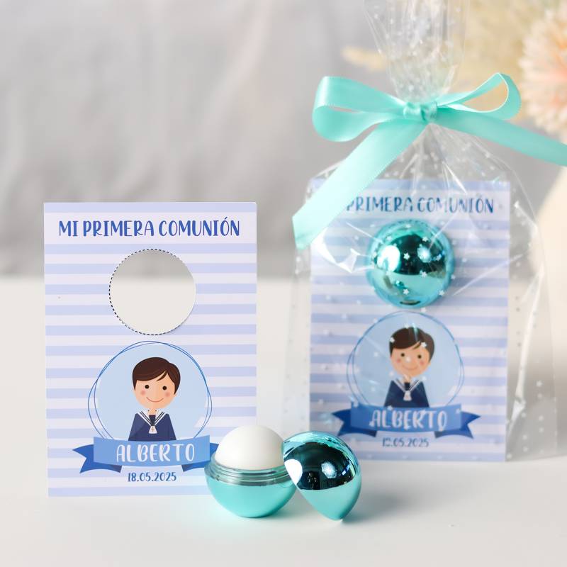 Bálsamo labial personalizado con tarjeta para comunión "Modelo Marinero" - Bálsamos Labiales Personalizados Comunión