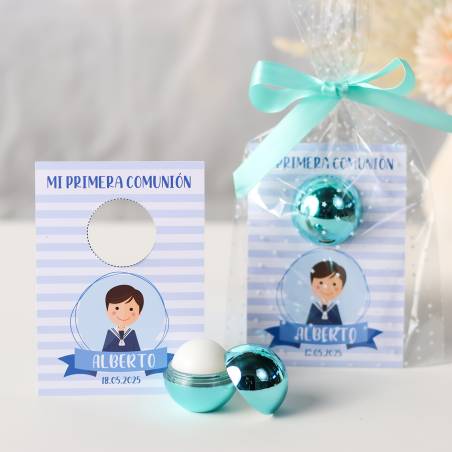Bálsamo labial personalizado con tarjeta para comunión "Modelo Marinero" - Bálsamos Labiales Personalizados Comunión