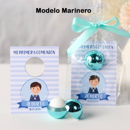 Bálsamo labial personalizado con tarjeta para comunión "Modelo Marinero" - Bálsamos Labiales Personalizados Comunión