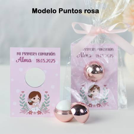 Bálsamo labial personalizado con tarjeta para comunión "Modelo Puntos rosa" - Bálsamos Labiales Personalizados Comunión