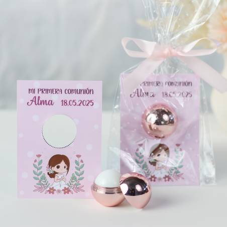 Bálsamo labial personalizado con tarjeta para comunión "Modelo Puntos rosa" - Bálsamos Labiales Personalizados Comunión