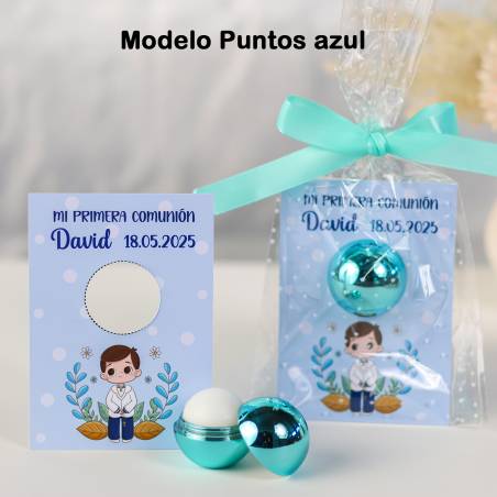 Bálsamo labial personalizado con tarjeta para comunión "Modelo Puntos azul" - Bálsamos Labiales Personalizados Comunión