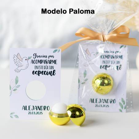 Bálsamo labial personalizado con tarjeta para comunión "Modelo Paloma" - Bálsamos Labiales Personalizados Comunión